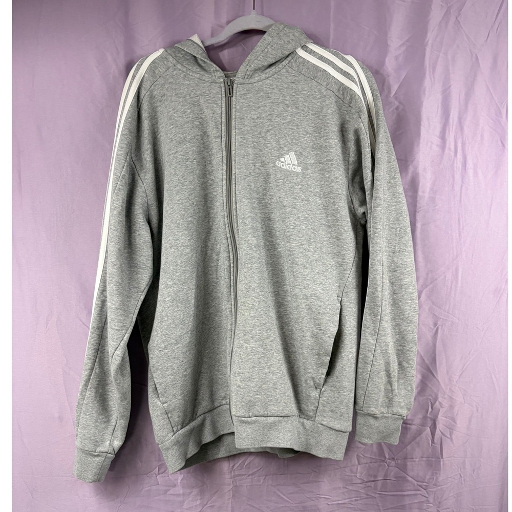 Adidas Mens Essentials 3-Stripes Full Zip Hoodie Grey Heather IJ6479 Size L
